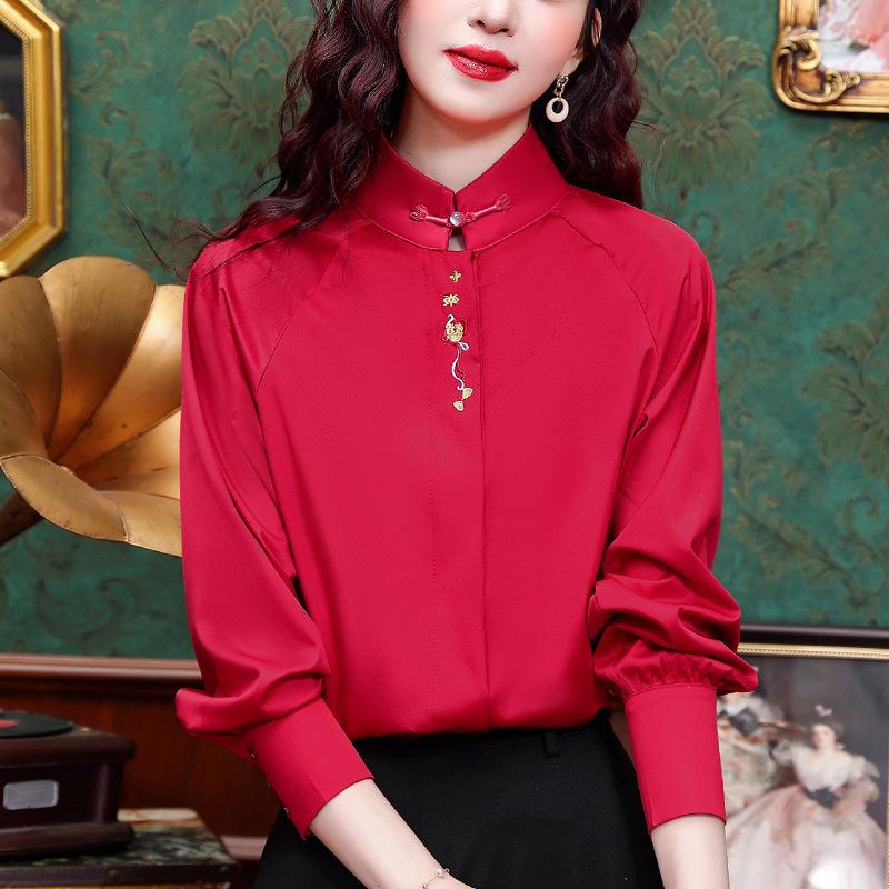 New Chinese-style Red Tops for Women's Long-sleeved Spring New Chinese Style Embroidered Shirt Tang Suit Stand Collar Shirt