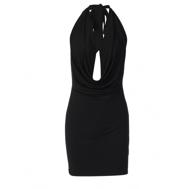 European and American women's clothing new solid color neck deep V-neck backless sexy slim-fitting hip-wrapped dress