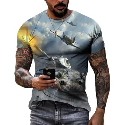 Letni mężczyzna Twarda osobowość uliczna 3D drukowany wzór wojenny czołgu armii O kołnierz krótki rękaw trend luźny duży rozmiar oddychający top