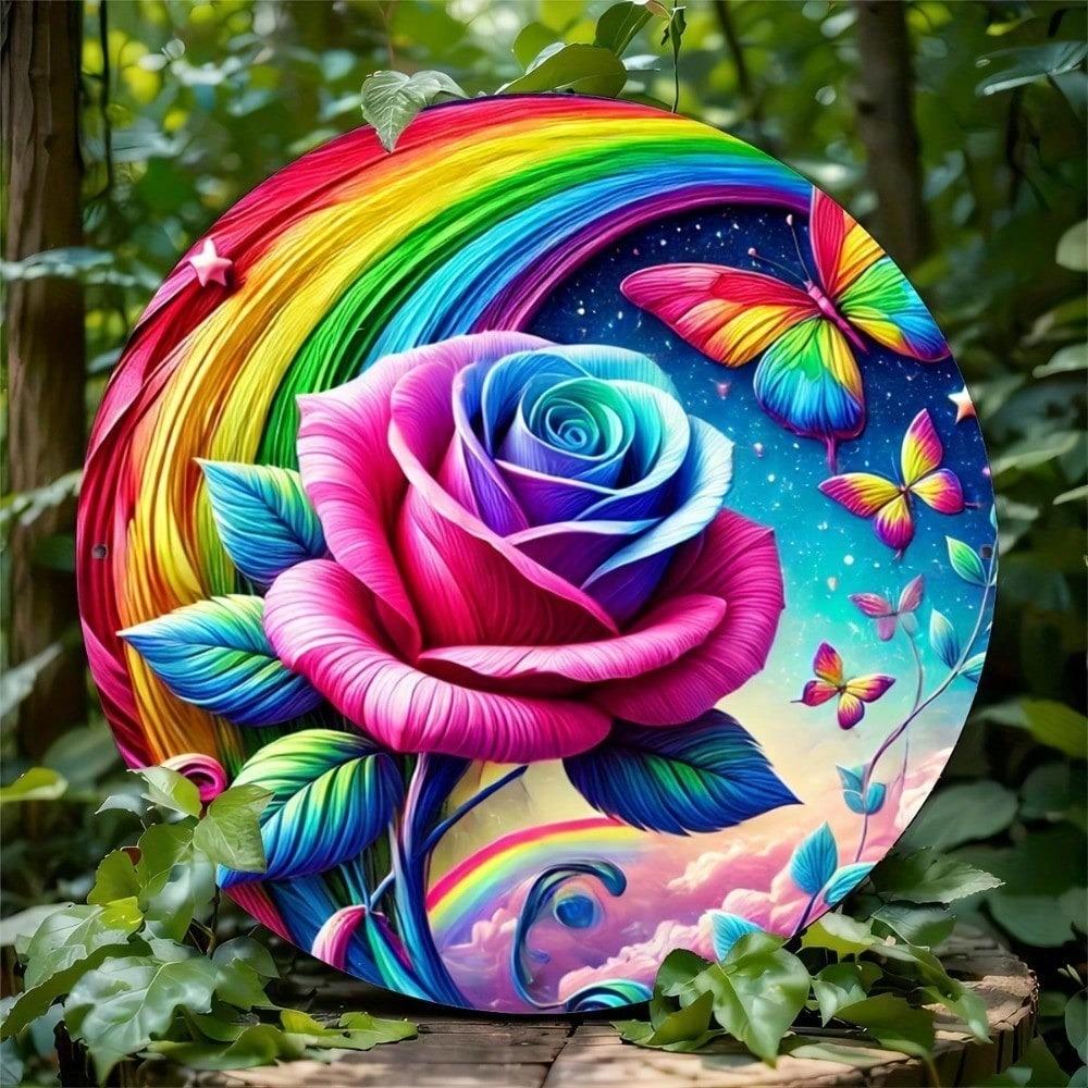 Vintage Metal Wall Art Rainbow Rose Butterfly Decor Weather Resistant Outdoor Patio Garden