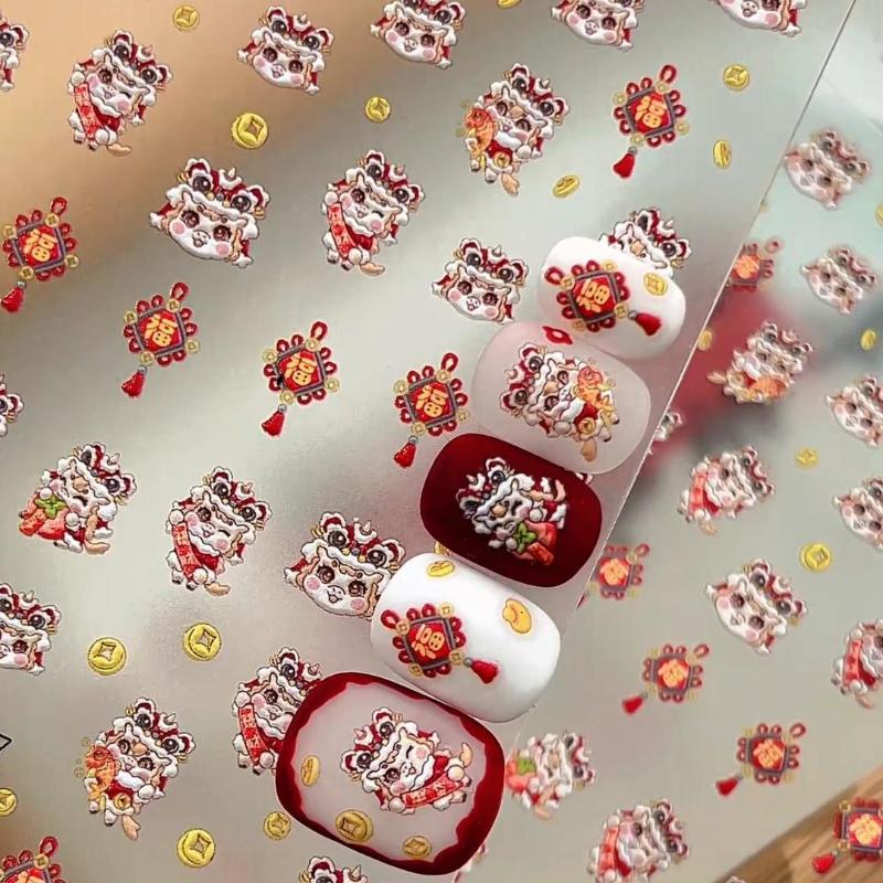 2026 Year of the Horse Nail Stickers 3D Relief Lucky Pony Lion Head Self Adhesive DIY New Year Nail Art Decoration