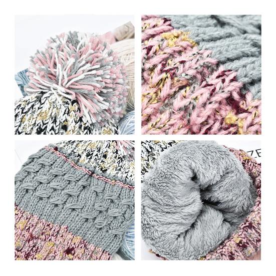 Women Winter Knitting Hat with Pom Poms Decor Patchwork Color Autumn Winter Jacquard Hat Windproof Breathable Headwear