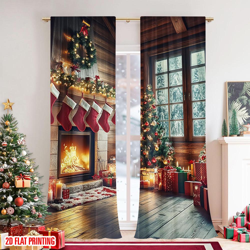 Set Of 2 Flat Printing Merry Christmas Window Curtains Farm Style Scene Durable Polyester Fabric Without Curtain