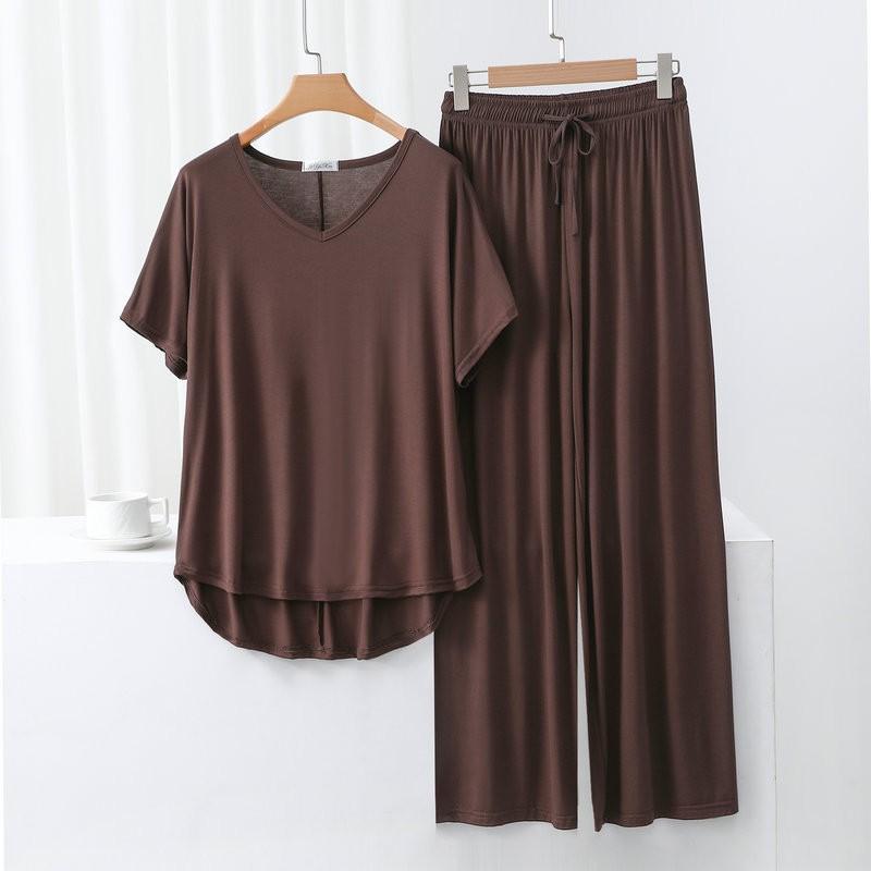 Summer Modal Homewear 2 Piece V-Neck Short Sleeve Tshirt and Wide Leg Pant Ankle Length Loose Sleepwear Set Comfort Pajama Sets