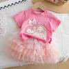 Girls Summer Pink Short Sleeve Sweet Outfit Set With Stylish Tulle Tutu Skirt Two Piece Clothing For Kids
