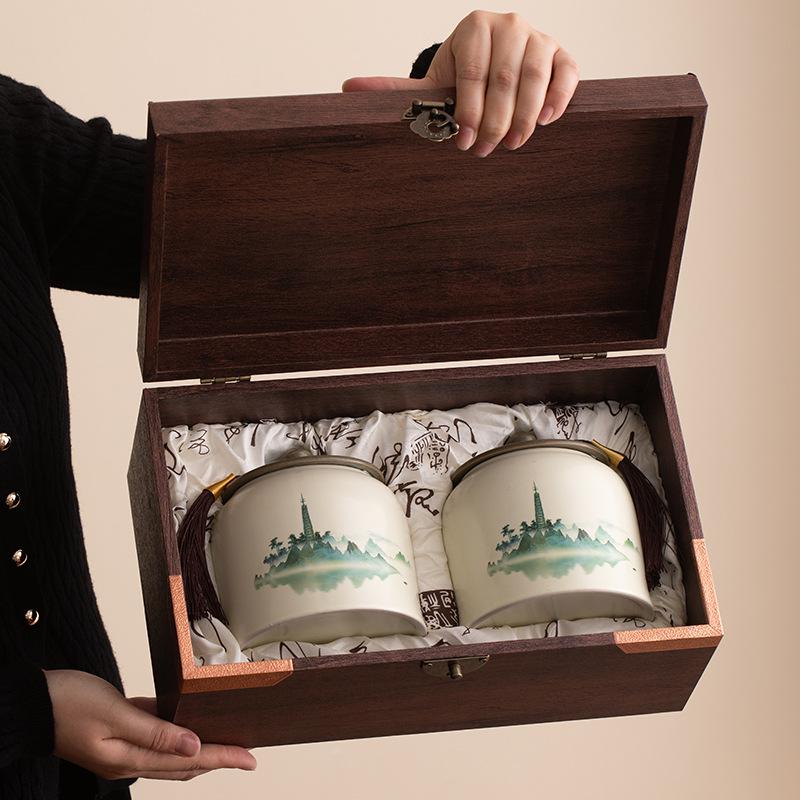 Classic Green Hill Ceramic Tea Caddy Gift Box - Empty Storage Jar for Black & Green Tea with Custom Logo