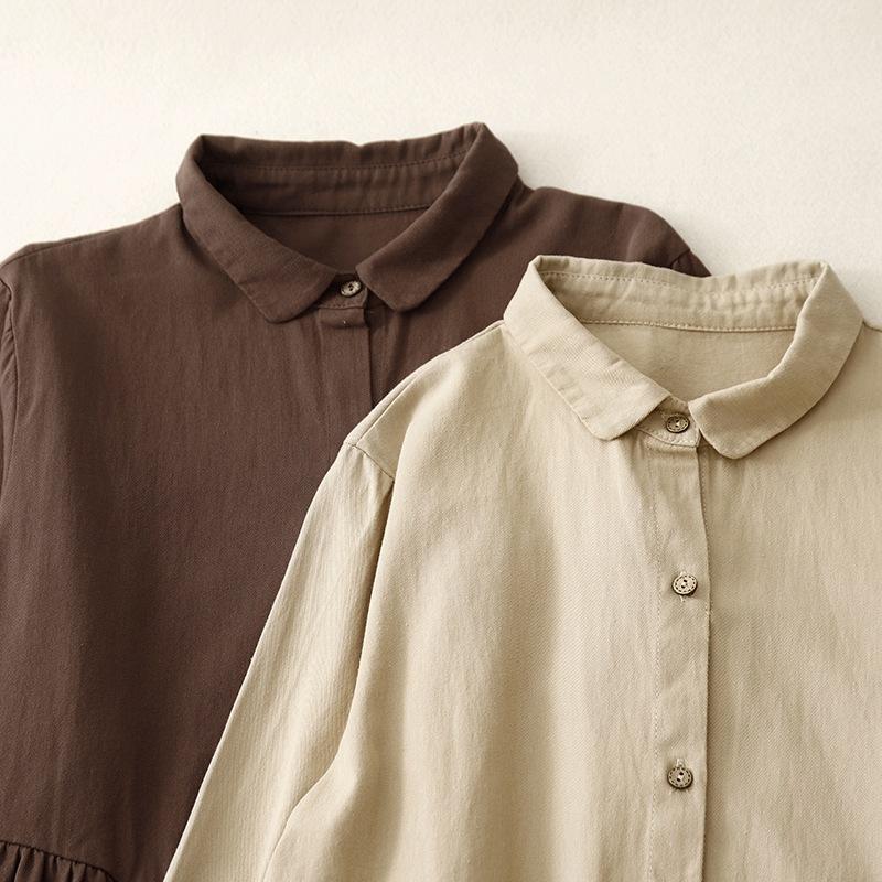 2025 Spring New Lapel Loose Meat Covering Cotton and Linen Dress Women's Mori Medium and Long Shirt Skirt