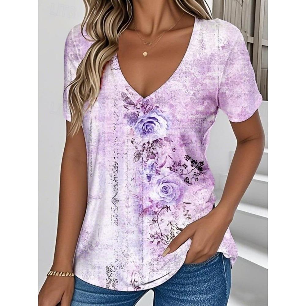 Women's Tribal Abstract Graphic V Neck T-Shirt, Short Sleeve Casual Tops, Yellow Brown Fashion Daily Outfit for Spring & Summer