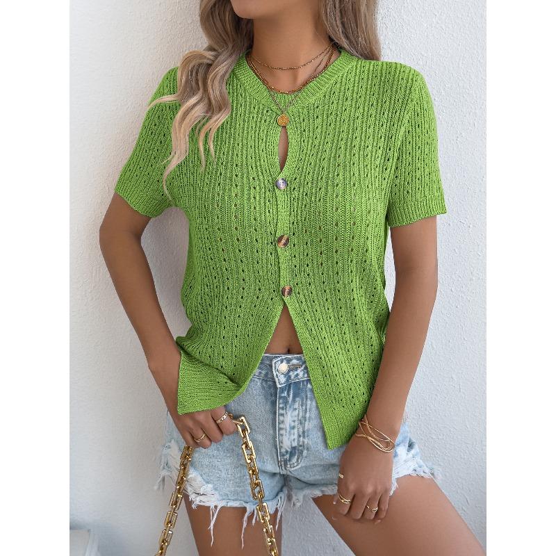 Spring and Summer Solid Color Open-Weave Buttoned Short-Sleeved Knit Top for Women