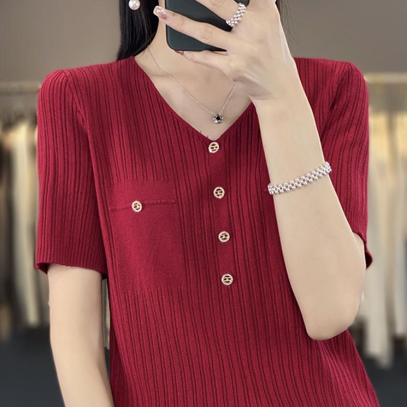 V-neck Ice Silk Knitted Short-sleeved T-shirt for Women Thin Summer New Casual Slim and Versatile Base Shirt Top