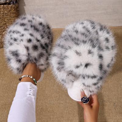 Gemütliche Damen-Fleece-Hausschuhe mit Plüsch-Leopardenmuster-Design, weich, warm, für den Innenbereich im Winter
