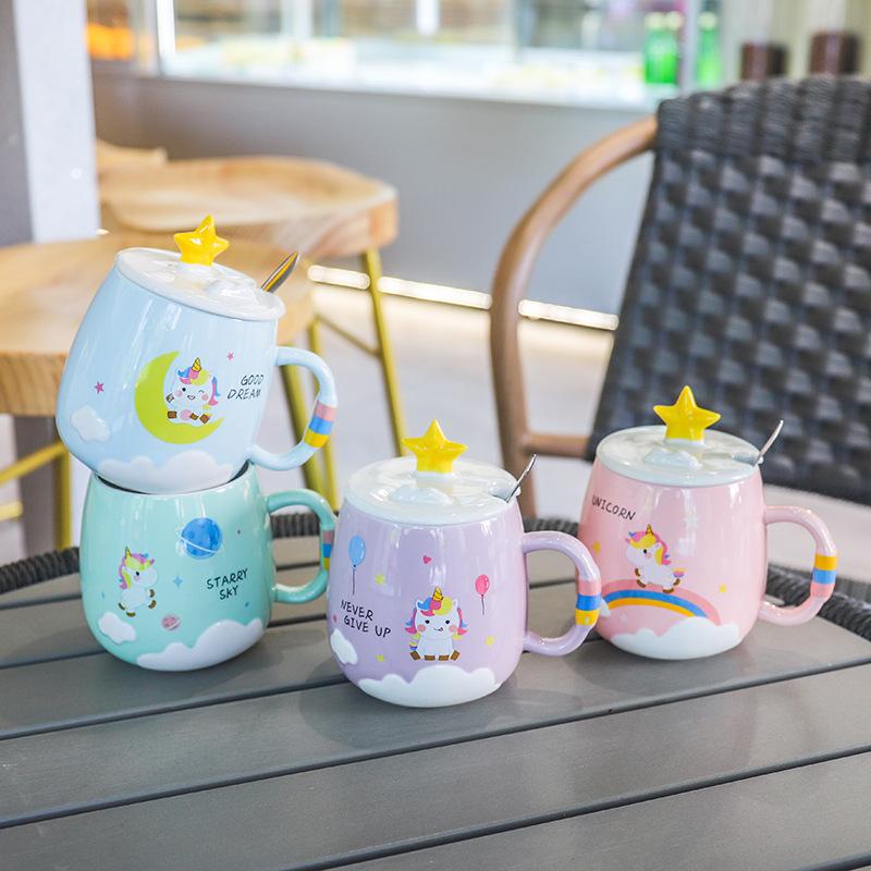 450ml Creative unicorn Ceramic Mug With Lid and Spoon Cartoon Milk Coffee Tea Cup Porcelain Mugs Nice Gifts Drop shipping