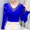 Spring Autumn Women's Ruffles Sleeve T-Shirt Elegant V-neck Tees Slim Ladies Tops With Rhinestone