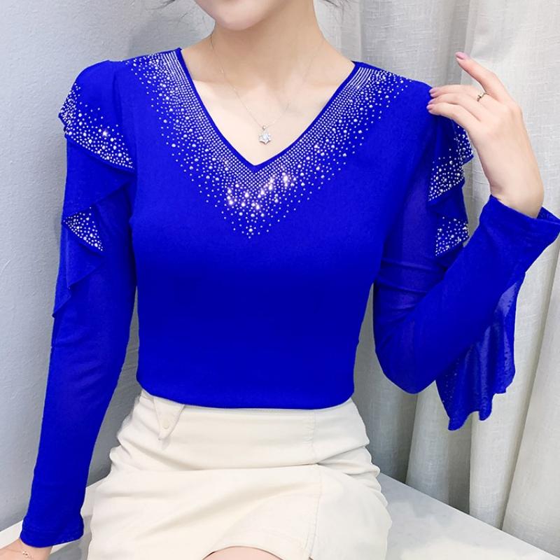 Spring Autumn Women's Ruffles Sleeve T-Shirt Elegant V-neck Tees Slim Ladies Tops With Rhinestone