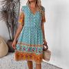 Women's V Neck Short Sleeve Midi Dress Loose Waist Paisley Patchwork Floral Print Boho Casual Dress