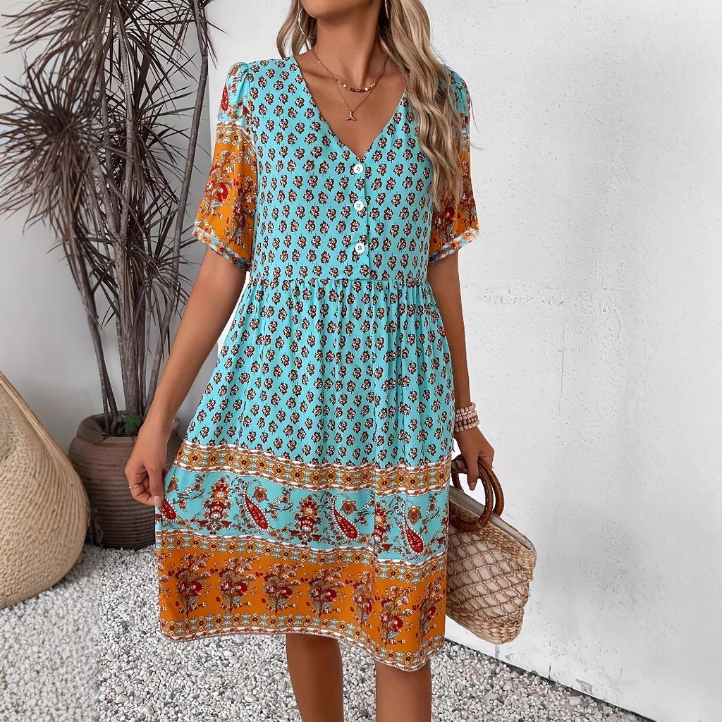 Women's V Neck Short Sleeve Midi Dress Loose Waist Paisley Patchwork Floral Print Boho Casual Dress