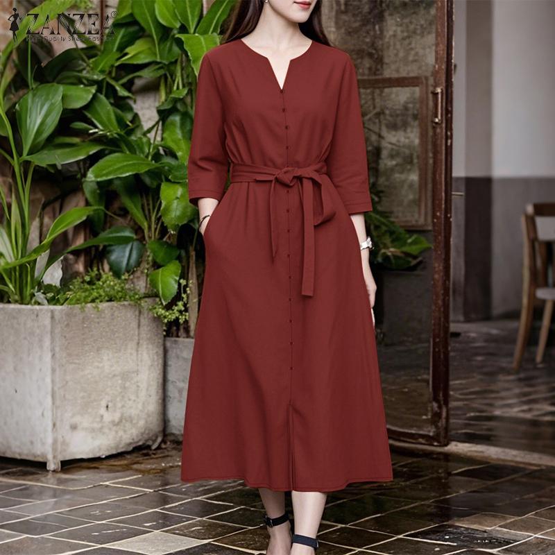 ZANZEA Women Casual V-Neck Solid Color Loose Long Sleeve Dress