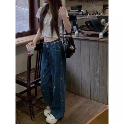 Sommer Bunt Schleife Bestickte Spitze Denim Weitbein Hose für Damen Drapierte Hohe Taille Gerade Bodenlange Hose