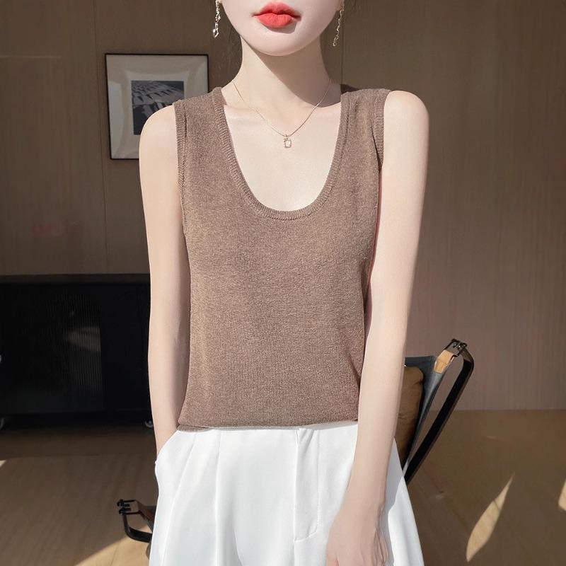 Summer New Knitted Sleeveless Vest Loose and Versatile T-shirt Short-sleeved Top with Base Layer