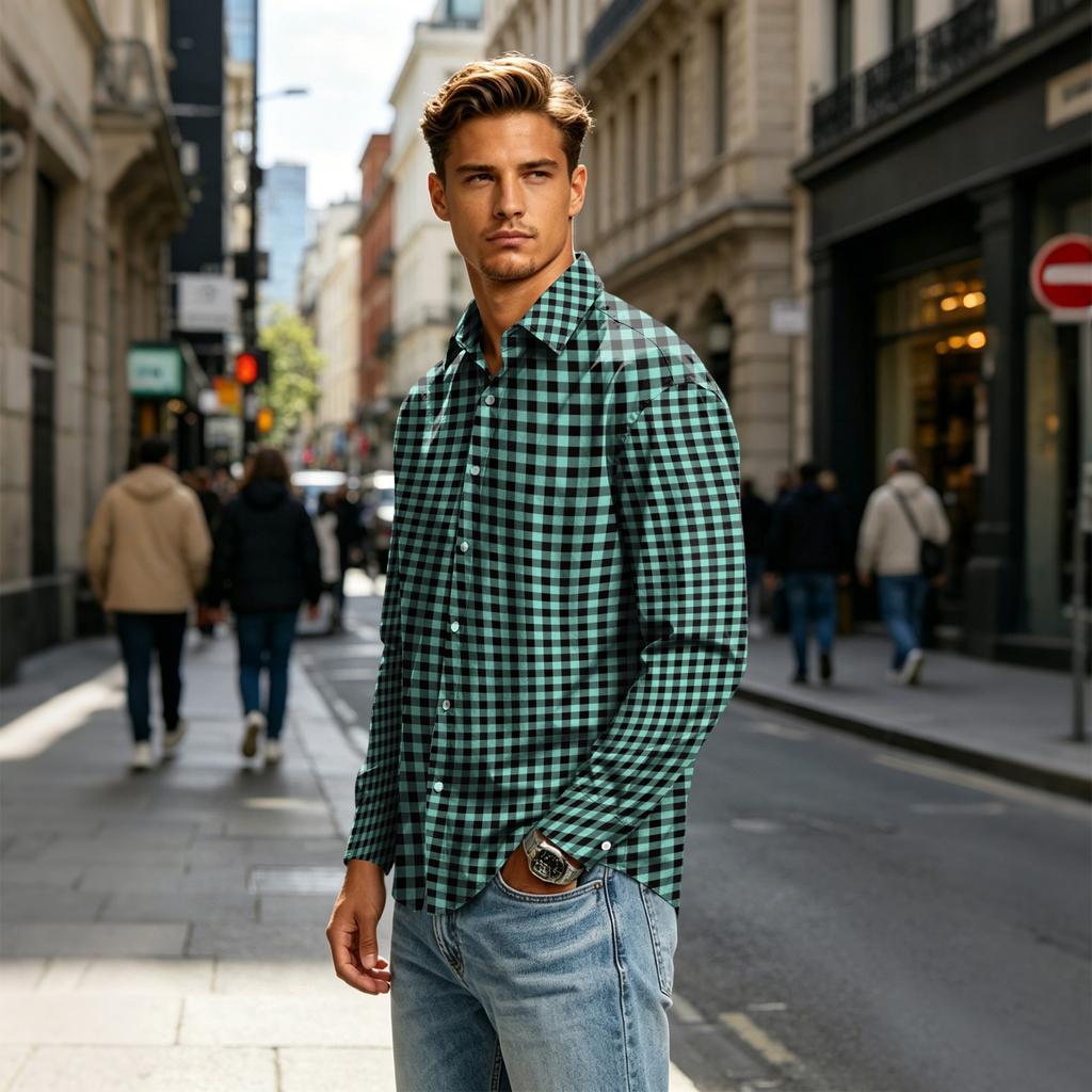 Men's Long Sleeve Plaid Shirt with Collar for Casual Daily Wear
