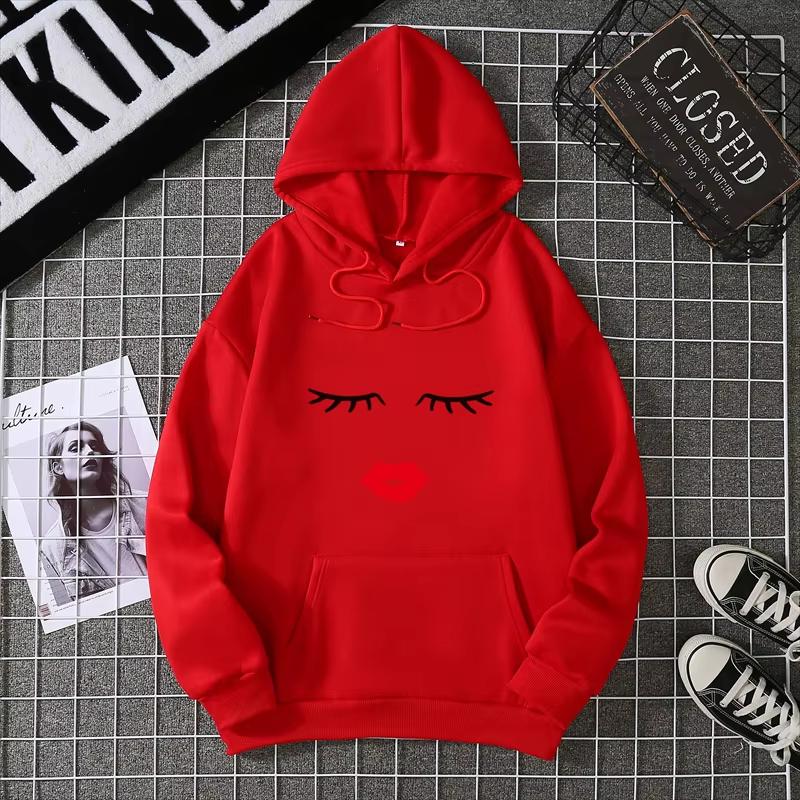2025 Pretty Cute Eye Lashes Red Lips Print Women Hoodie Summer Casual Short Sleeve O Neck t-shirt Ladies White Hooded Sweatshirt