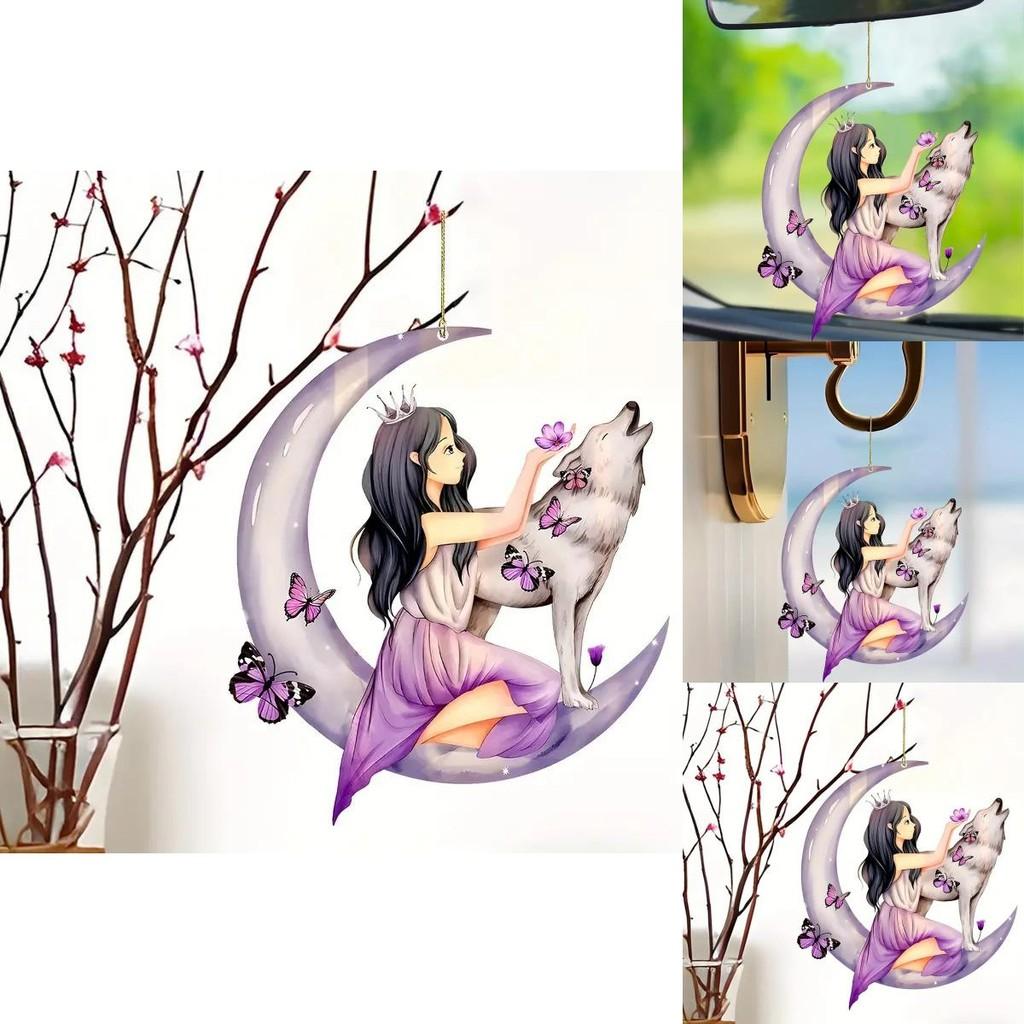 Acrylic Floral Moon Girl Wolf Butterfly Car Hanging Decor For Stylish Interior Decoration