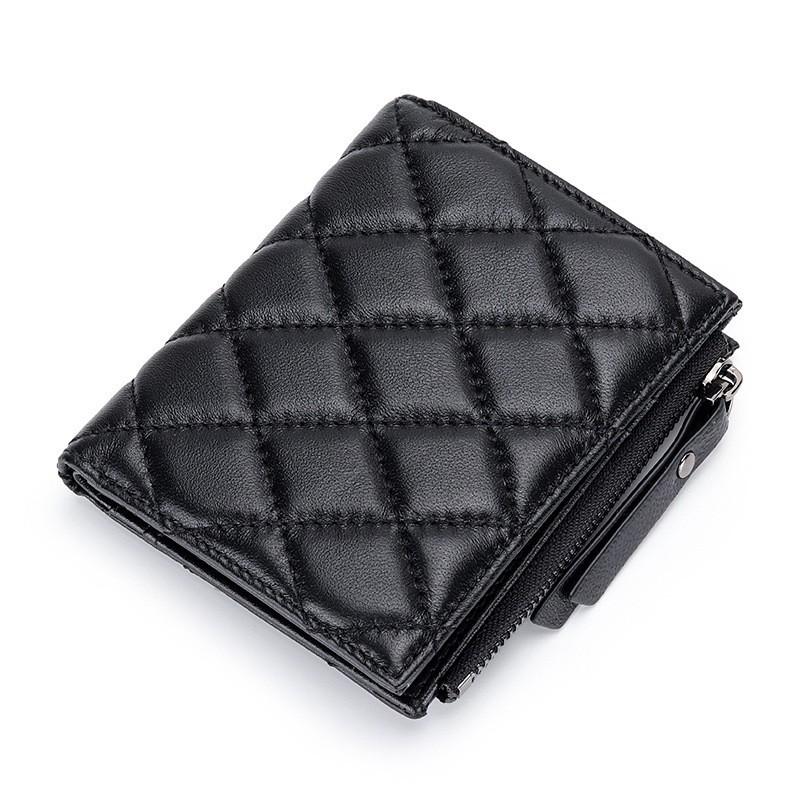 Кожаный Кошелек Овчина Короткий Женский Модный Ромбовидный Складной Вертикальный Зажим 11x9x2cm чёрный