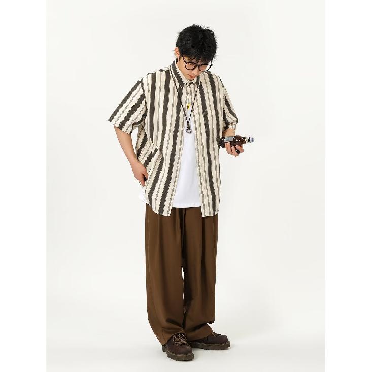 Short Sleeved Shirt For Men With A Niche Design, Striped Five Quarter Sleeves, High-End Feel, Loose And Handsome Long Sleeved Shirt