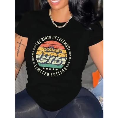 Retro 1976 Letter Print T-shirt with Letter Print Casual Women's Short Sleeved Fashionable Street Round Neck Top