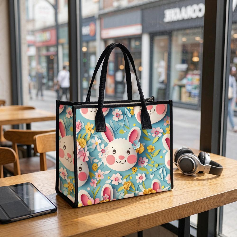 Cute Bunny Floral Tote Bag Portable Casual Handbag for Daily Use