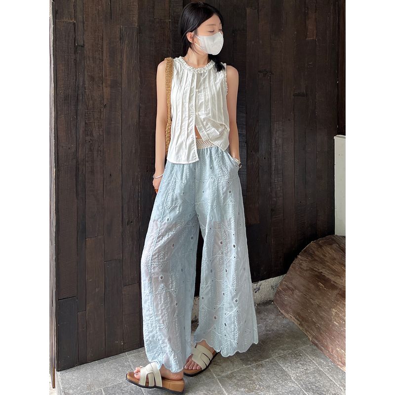 Korean Style Lady's Small New Heavy-Duty Embroidery Stitched Pattern Hollow Lace Straight Pocket Anti-Wrinkle Wide-Leg Cropped Pants