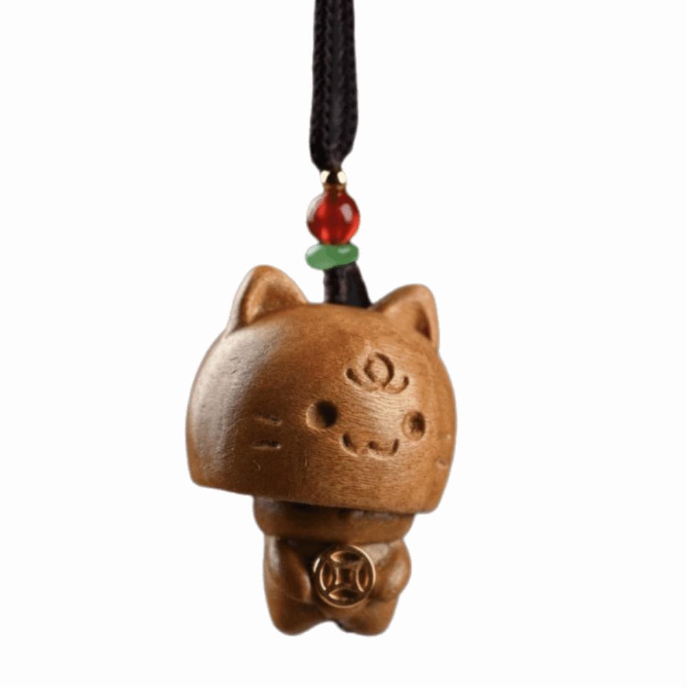 Hand-carved Wood Carving Pendant Cute Car Hanging Ornament Wooden Cat Phone Chain  Phone Accessory