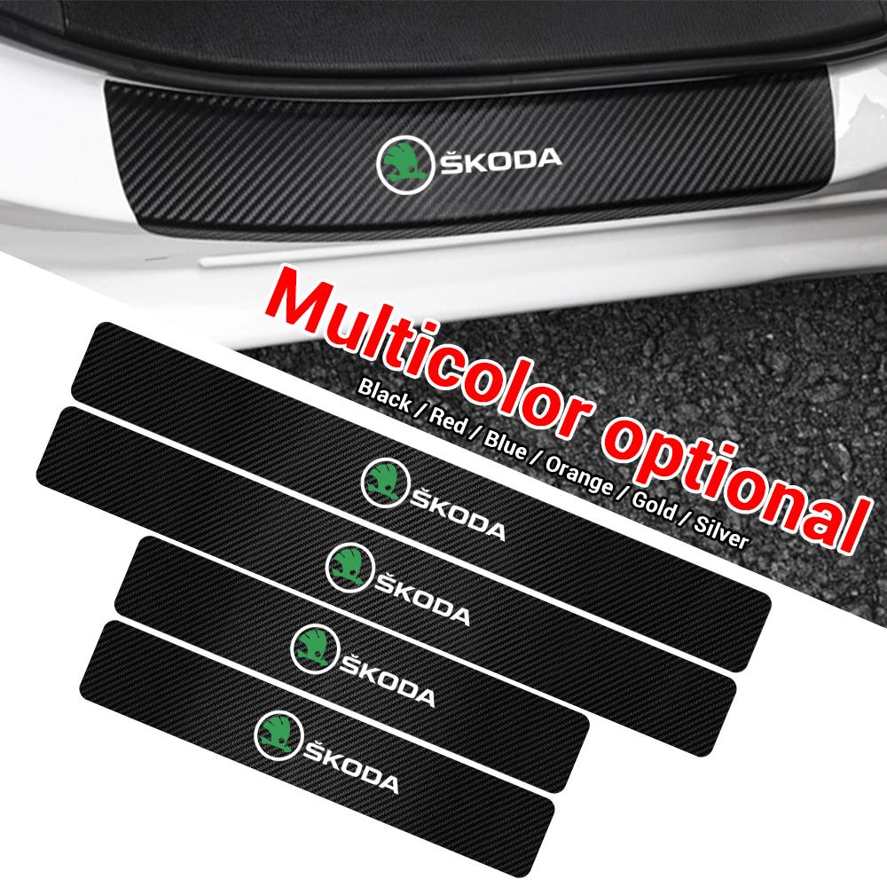 AFA1 4Pcs Car Door Threshold Carbon Fiber Logo Sticker Door Sill Trim Decal For Skoda Octavia Rapid Fabia A7 Superb KAMIQ Superb VII