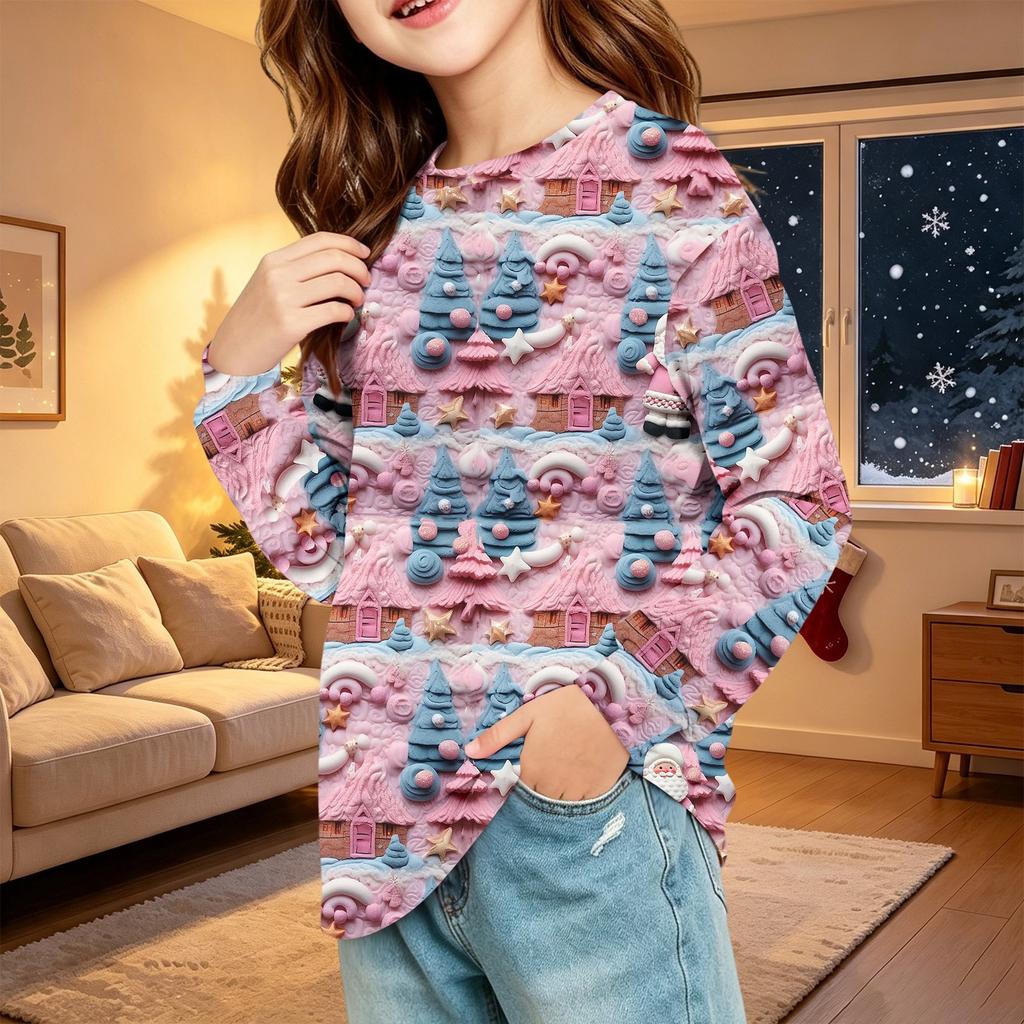 Kids Fashion Christmas Long Sleeve Neck Top with Pocket, Holiday Print Shirt for Boys and Girls