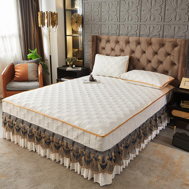 Verdicktes Bettrock-Typ-Home-Luxus-Bettwäsche-Set, Prinzessin-Spitzen-Tagesdecke, rutschfeste Bettdecke mit Kissenbezug für King-Size-Bett