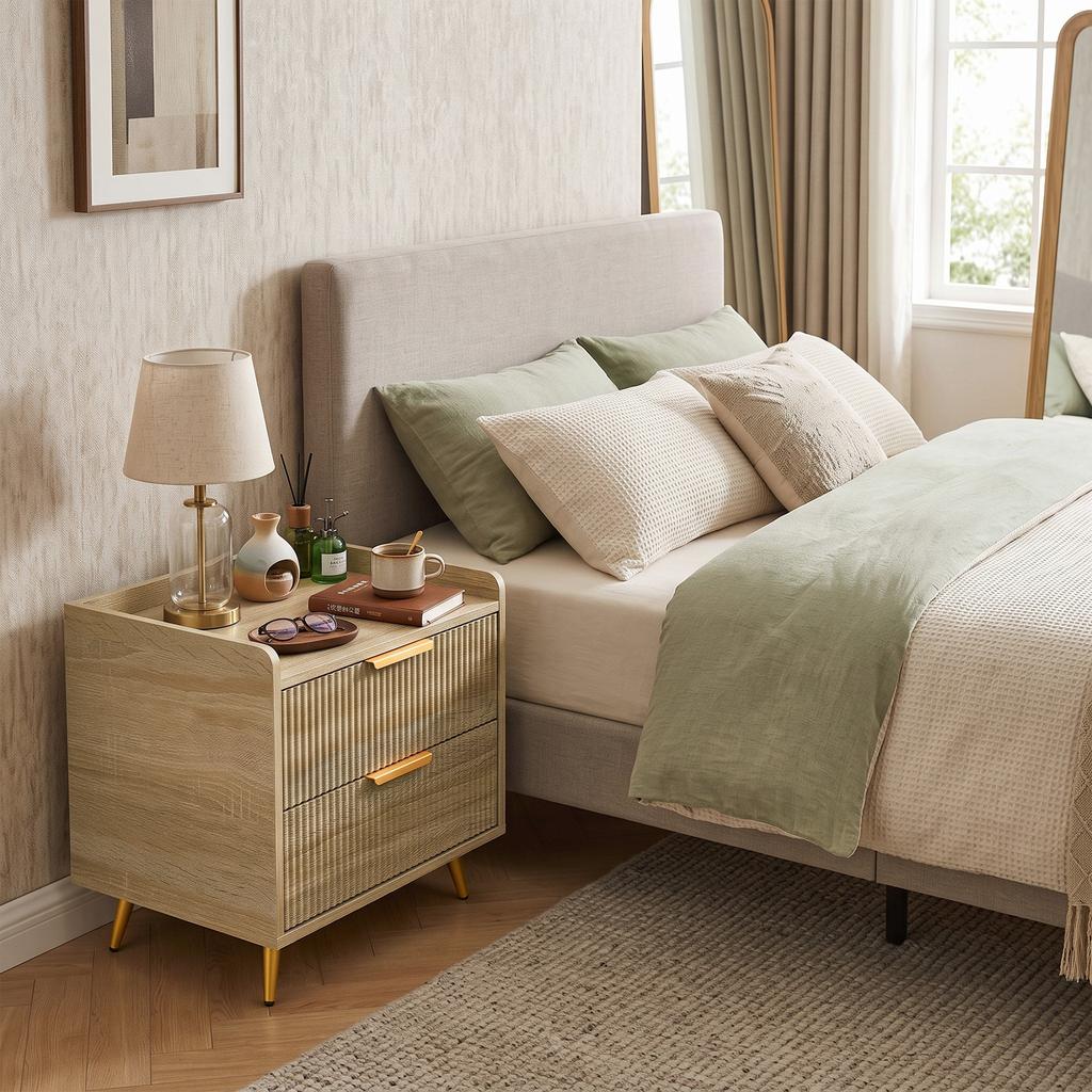 Bedside Table Cabinet with 2 Drawers Metal Legs Natural Wood Finish