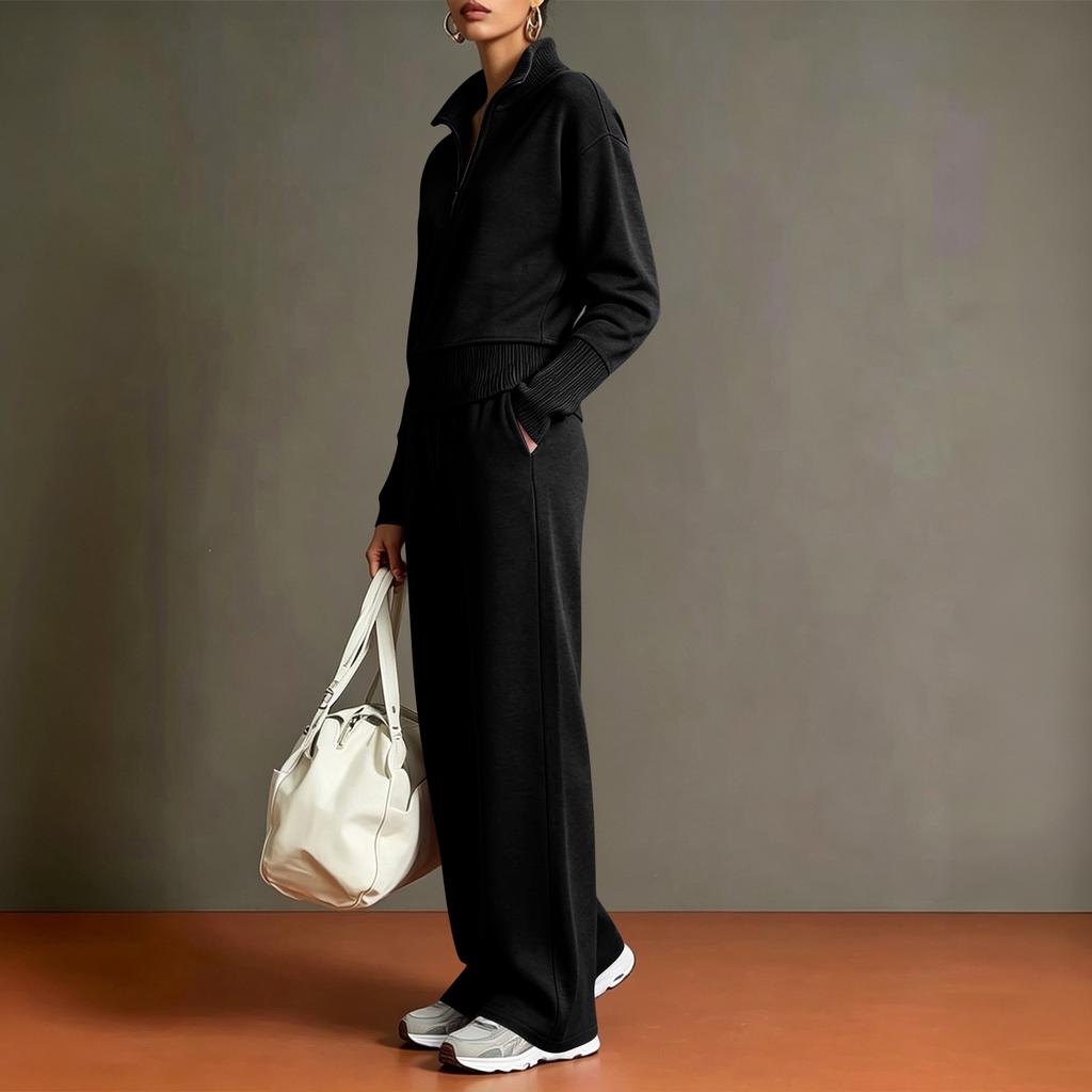 Conjunto de Dos Piezas de Punto para Mujer Suéter con Media Cremallera Manga Larga Cuello Plegable Pantalones de Pierna Ancha Conjunto para Estar en Casa