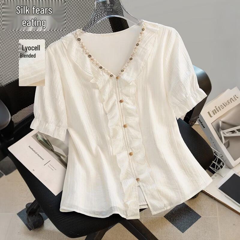 Sibaisha Women s Lyocell Blend V-Neck Short Sleeve Blouse S