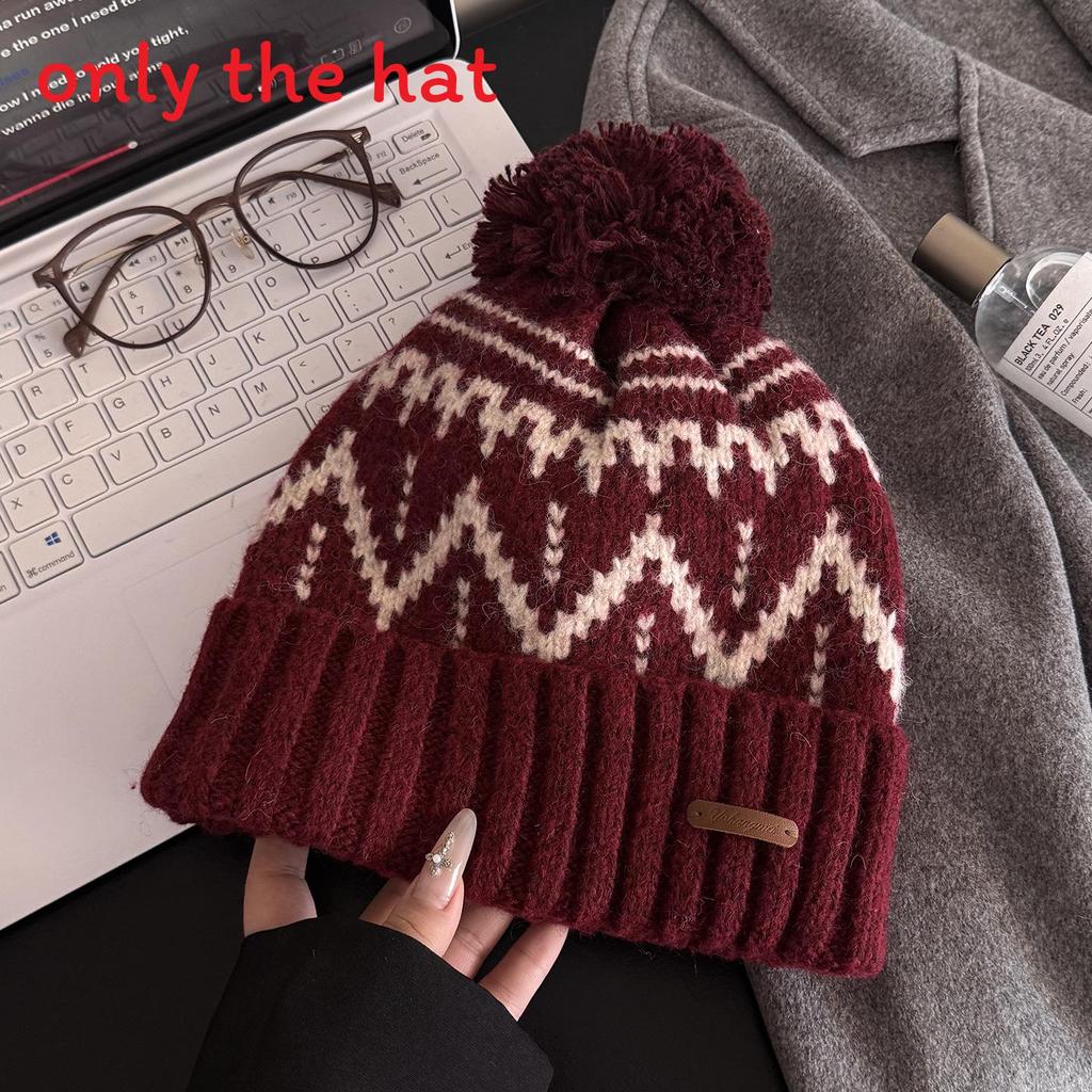 

Knitted Plush Christmas Hat For Women With Printed Design And Plush Ball Decor For Winter Season Burgundy