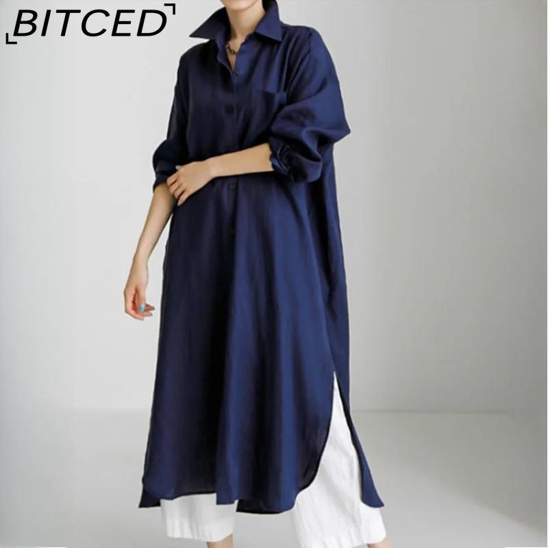 

BITCED Женское повседневное свободное платье-рубашка с отложным воротником и длинными рукавами XXL темно-синий