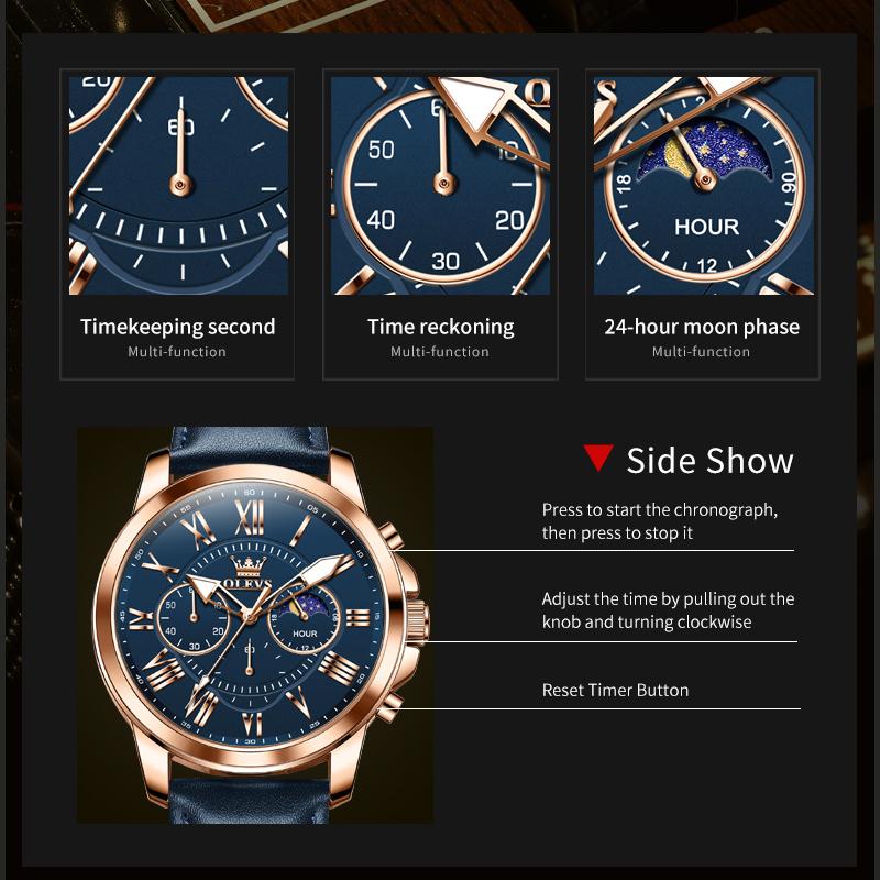 Men's Sports Timing Waterproof Luminous Moon Phase Quartz Watch Three Eye Dial Holiday Gift Business Watch