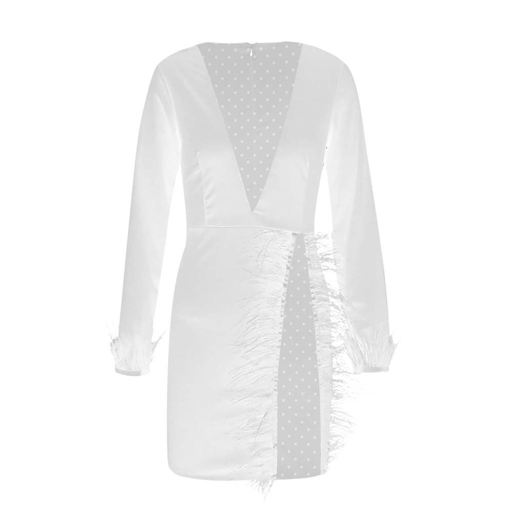 Women V-Neck Long Sleeve Solid Color Sexy Mesh Feather Casual Dress