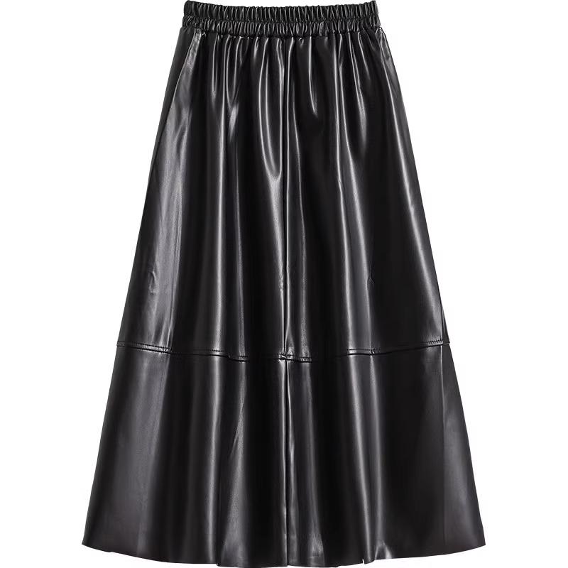 Fustă Midi A-Line Maro din Piele PU cu Talie Înaltă Mărimi Mari pentru Femei