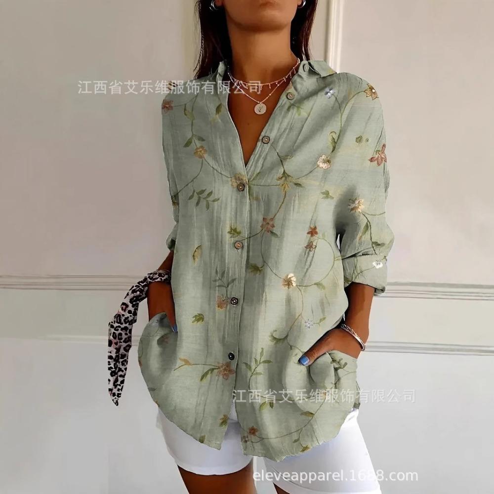 

2025 New Summer Trendy Long-sleeved Shirt Flower Print Ladies Top XXXXL
