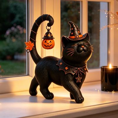 Spooky Desktop Ornament for Halloween Black Cat Wearing Hat Figurine, Resin Witch Statue Dark Style Figurine Desk Shelf, Cute Home Decor, Gift Lovers