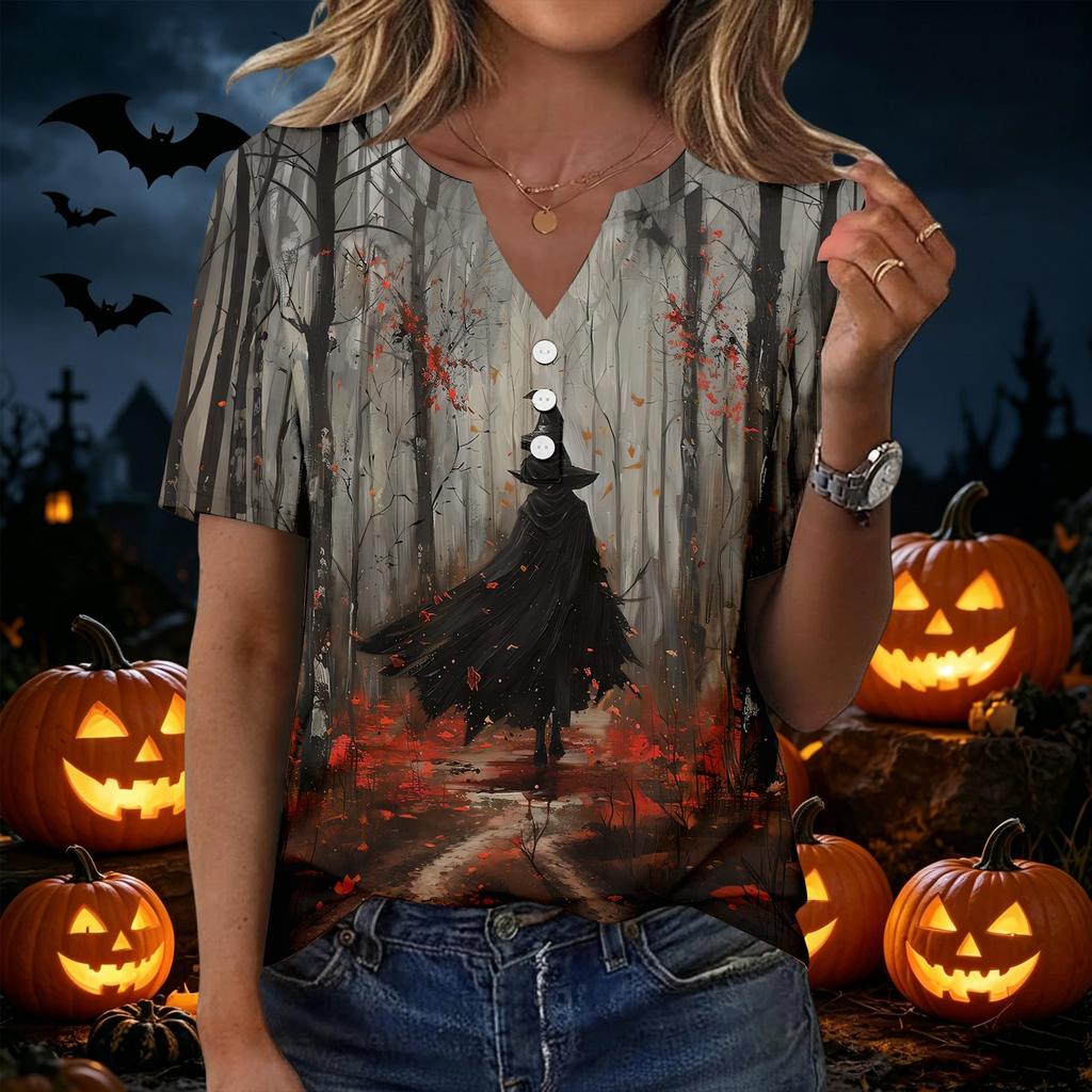 Women's Fashion Casual Halloween Print V Neck Short Sleeve Button T Shirt Top Suitable for Everyday Wear and Seasonal Events