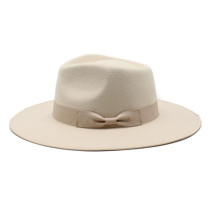 Wool, Beige Hemmed Big-Brimmed Jazz Top Hat, Men'S And Women'S Bows, Water Drop Top Jazz Hat, Felt Hat.