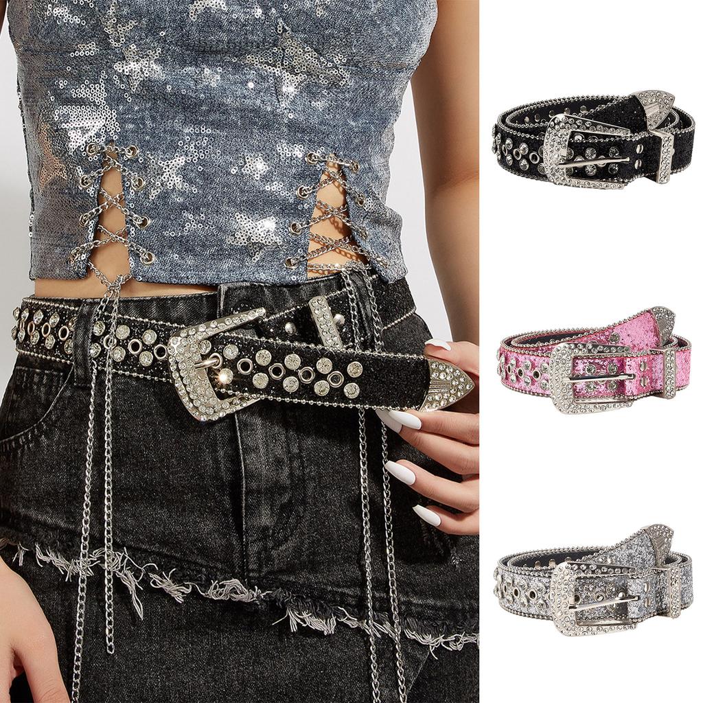 Rock Fans Waist Belt Adjustable Pin Buckle Rhinestone Belt for Woman Girls Thin Full Sequins Waist Strap for Jeans Dress