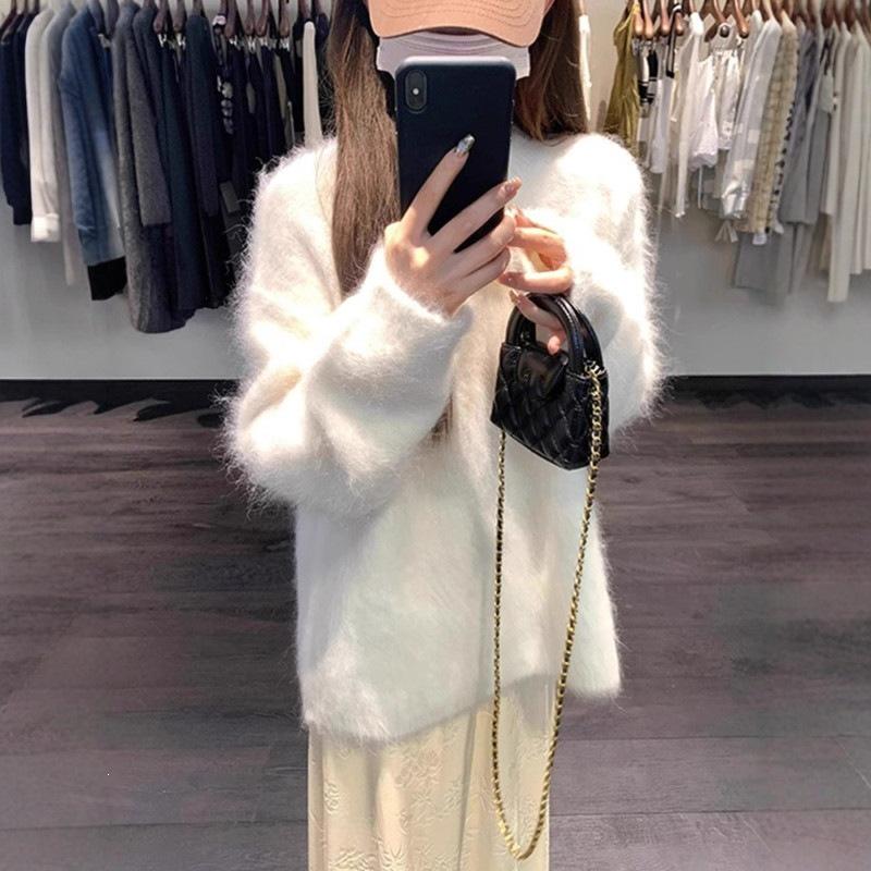 Women's Cozy Gray Imitation Mink Velvet Round Neck Sweater, Perfect for Autumn and Winter.