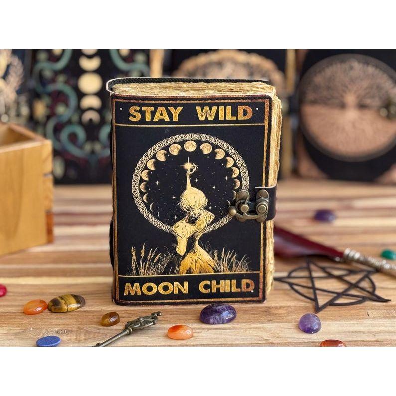 Slunce a měsíc Ručně vyráběný kožený deník Papír s ručním okrajem, Prázdná kniha kouzel stínů grimoár deník, dárek pro něj cestovní kniha